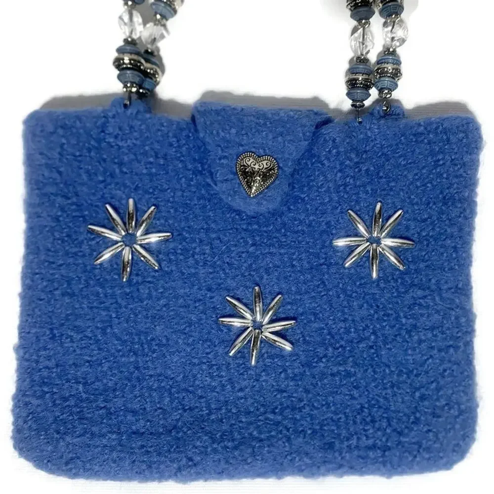 Handmade Alpaca Wool Purse Blue Satchel Bag Silver Accents 10x7.5 Vintage
